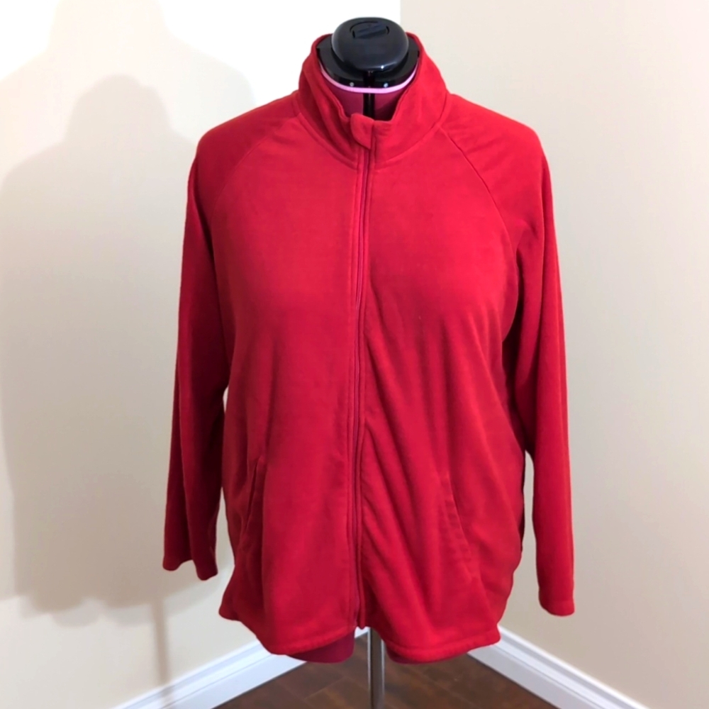 Carole Hockman| Red Full Zippered Long Sleeve Fleece Sweater With Pockets